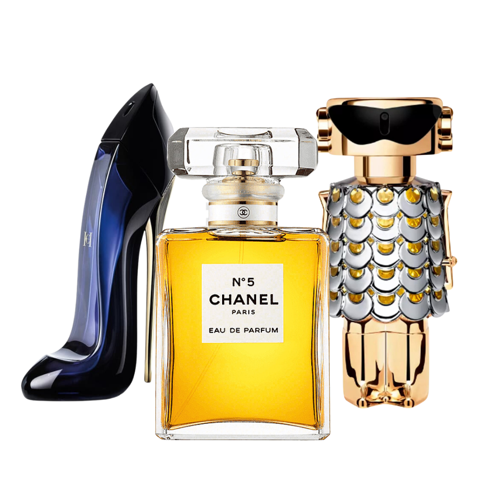 3 Parfums Carolina Herrera GOOD GIRL, Chanel Nº5 et Paco Rabanne FAME (Eau de Parfum) 100ml