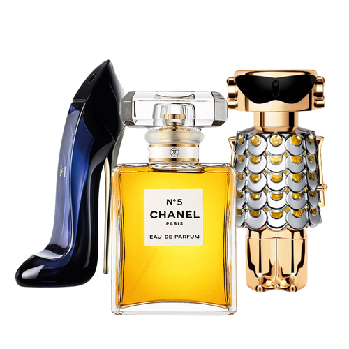 3 Parfums Carolina Herrera GOOD GIRL, Chanel Nº5 et Paco Rabanne FAME (Eau de Parfum) 100ml